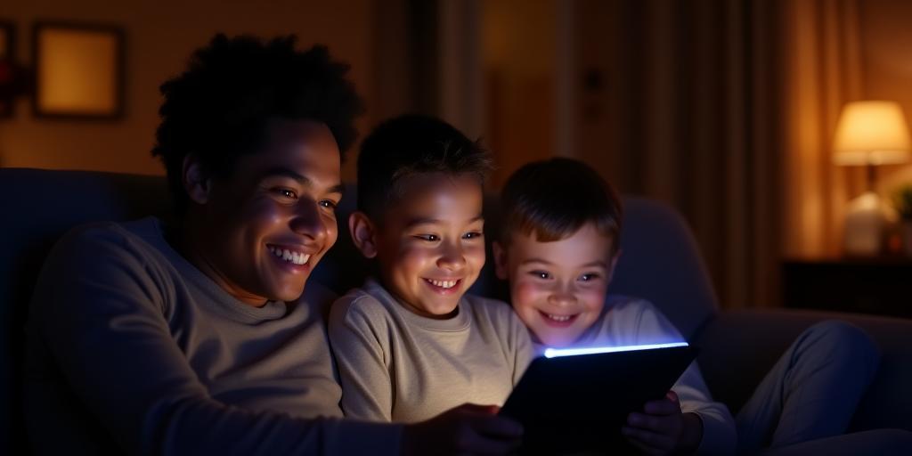 Family watching streaming content on a tablet with a smooth connection indicator